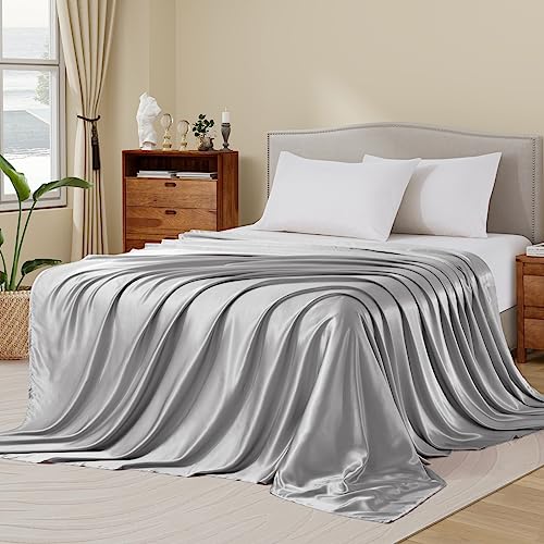 Ersmak Satin Flat Sheet Only, Single Flat Sheet King, Luxury & Ultra Soft Silky Bedding Top Sheet for King Mattress - Grey - Image 2