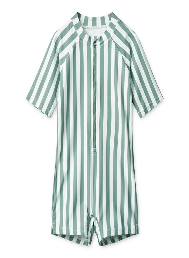 glcsisi Toddler Boys One Piece Bathing Suit Short Sleeve Swimsuit Zipper Rash Guard Grey Green Striped Swimwear 18-24 Months - Image 1