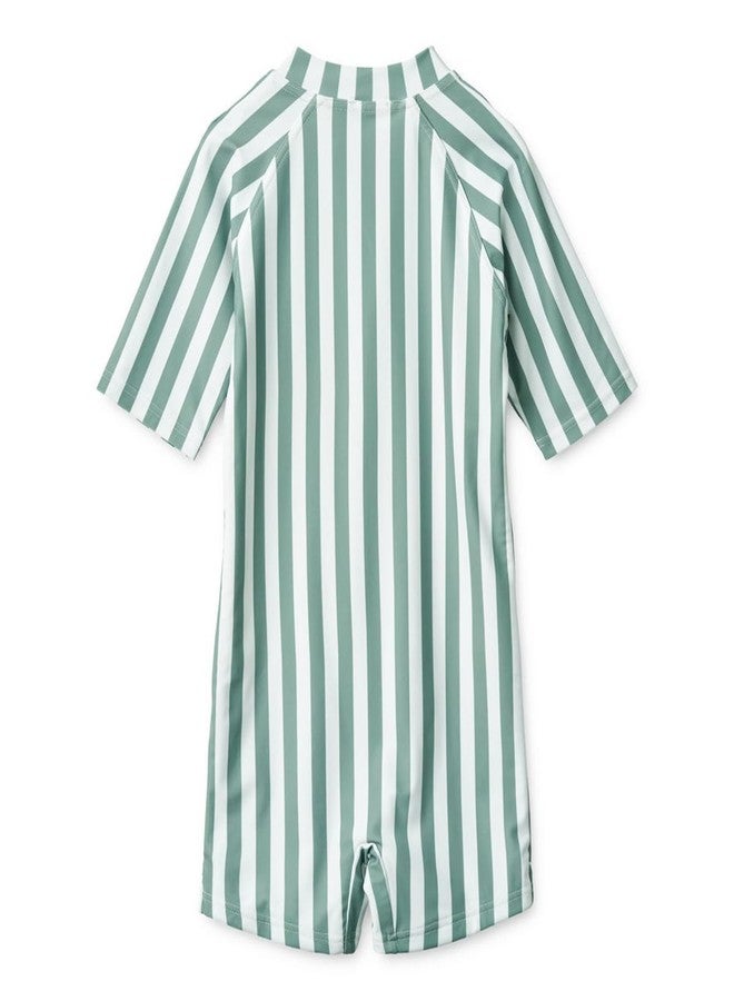 glcsisi Toddler Boys One Piece Bathing Suit Short Sleeve Swimsuit Zipper Rash Guard Grey Green Striped Swimwear 18-24 Months - Image 4