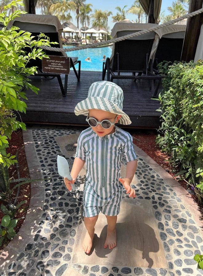 glcsisi Toddler Boys One Piece Bathing Suit Short Sleeve Swimsuit Zipper Rash Guard Grey Green Striped Swimwear 18-24 Months - Image 3