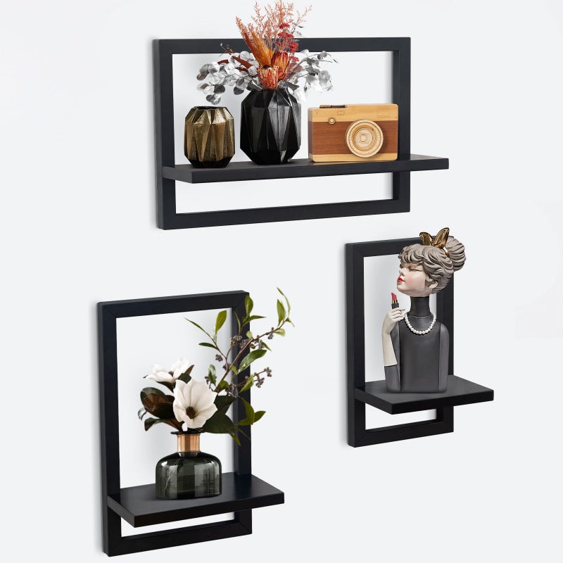 hihome Set of 3 Floating Shelves for Wall Hanging Shelves for Wall Storage Square Wood Decor Mounted for Bathroom Living Room Farmhouse Black