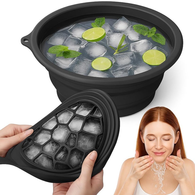 Suicune Face Bowl for Ice with Builtin Icetray Portable Foldable Silicone Ice Facial Bowl for Home Ice Bath Facial Plunge Bowl Black - Image 1