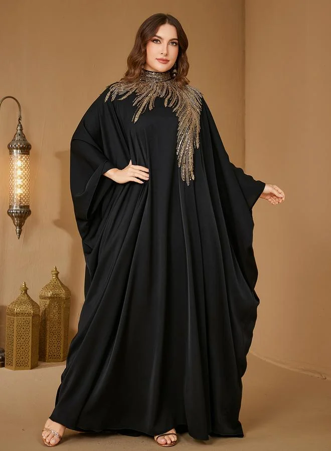 Supgir Plus Size Sequin Yoke High Neck Maxi Kaftan