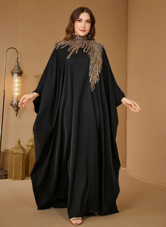 Supgir Plus Size Sequin Yoke High Neck Maxi Kaftan