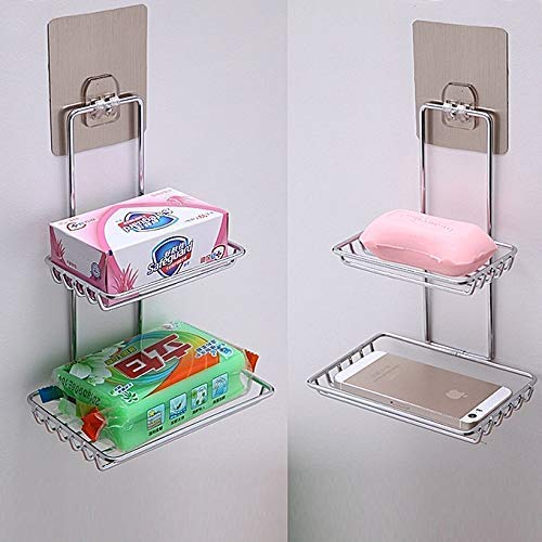 Meetzone Wall Mount SelfAdhesive Stainless Steel Waterproof Kitchen Bathroom DoubleLayer Soap Dish Holder Soap Dish Holder Double Layer - Image 5
