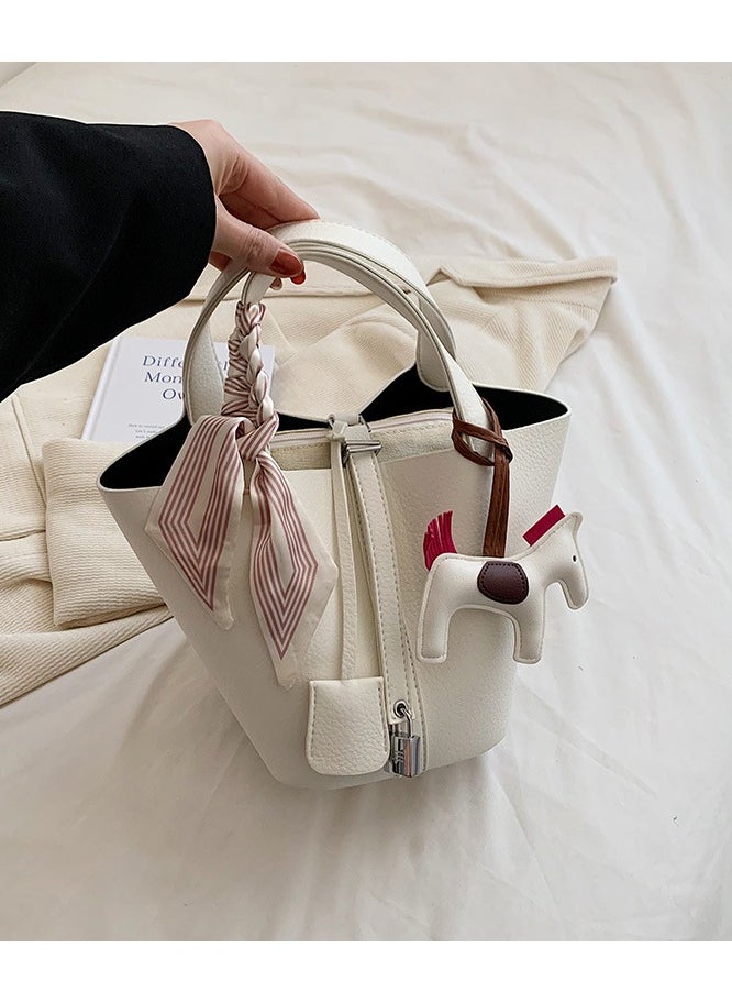 NIBEMINENT - Patchwork Pendant Decor Simple Design Satchel Bag Include Pony Pendant and Silk Scarf - Image 1