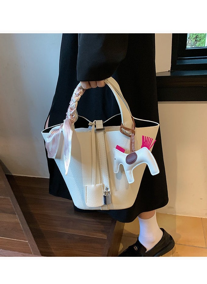 NIBEMINENT - Patchwork Pendant Decor Simple Design Satchel Bag Include Pony Pendant and Silk Scarf - Image 1