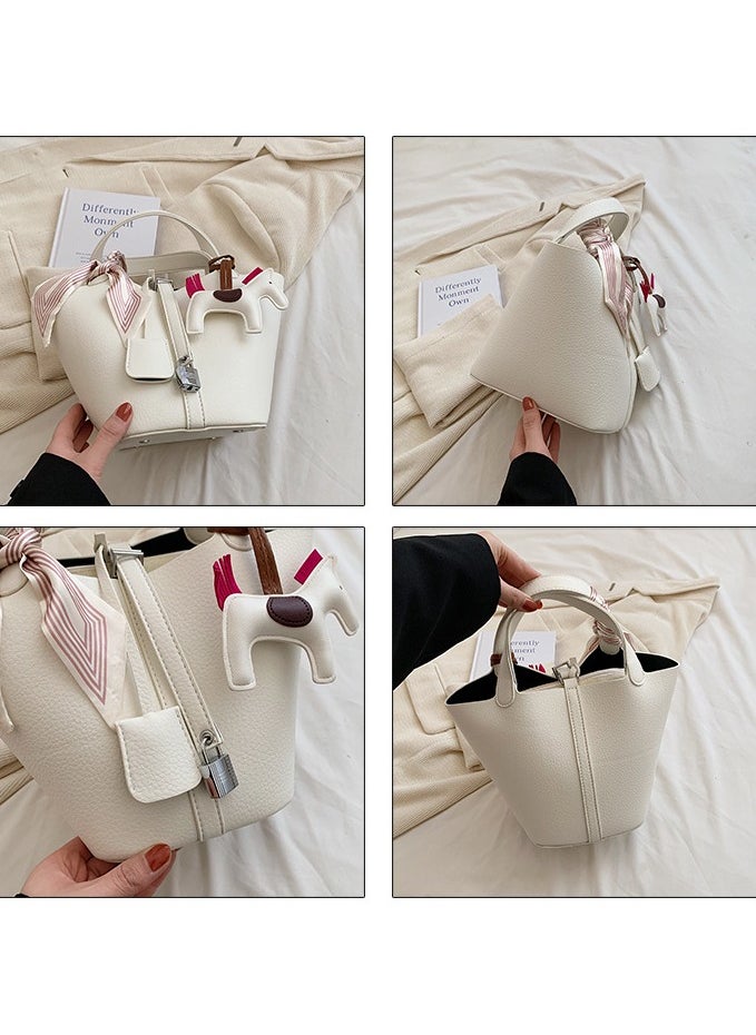NIBEMINENT - Patchwork Pendant Decor Simple Design Satchel Bag Include Pony Pendant and Silk Scarf - Image 1