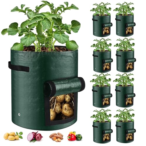 BIJOKETTEN 10 Gallon 8-Pack Grow Bags, Durable PE Fabric Pots with Flap and Handles, Green Planter Bags for Potato Vegetables Flowers Herbs Garden Outdoor, 17.7''x13.8'' Large for All Plants Growing - Image 1