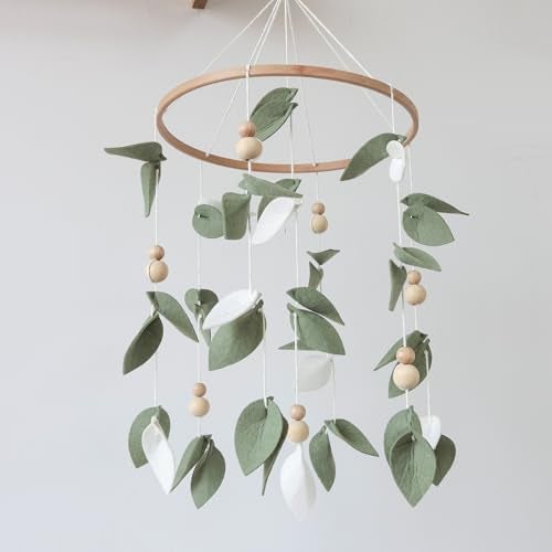 Goukurlsma Green Leaf Crib Mobile Forest Baby Mobile for Crib Green Leaf Baby Crib Mobile with Wooden Bead Woodland Baby Mobile for Bassinet Toys Hanging - Image 1