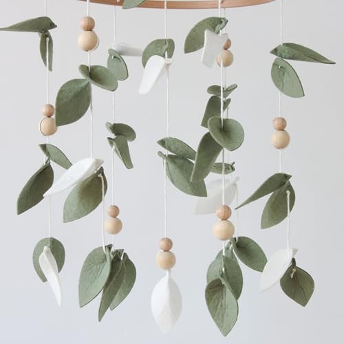 Goukurlsma Green Leaf Crib Mobile Forest Baby Mobile for Crib Green Leaf Baby Crib Mobile with Wooden Bead Woodland Baby Mobile for Bassinet Toys Hanging - Image 5