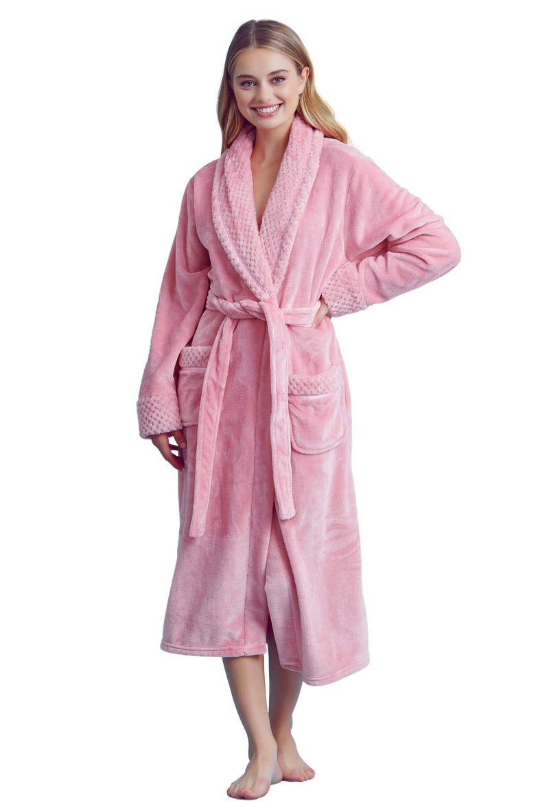 Womens Comfortable Fleece Bathrobe Plush Soft Robe for Women SM Pink