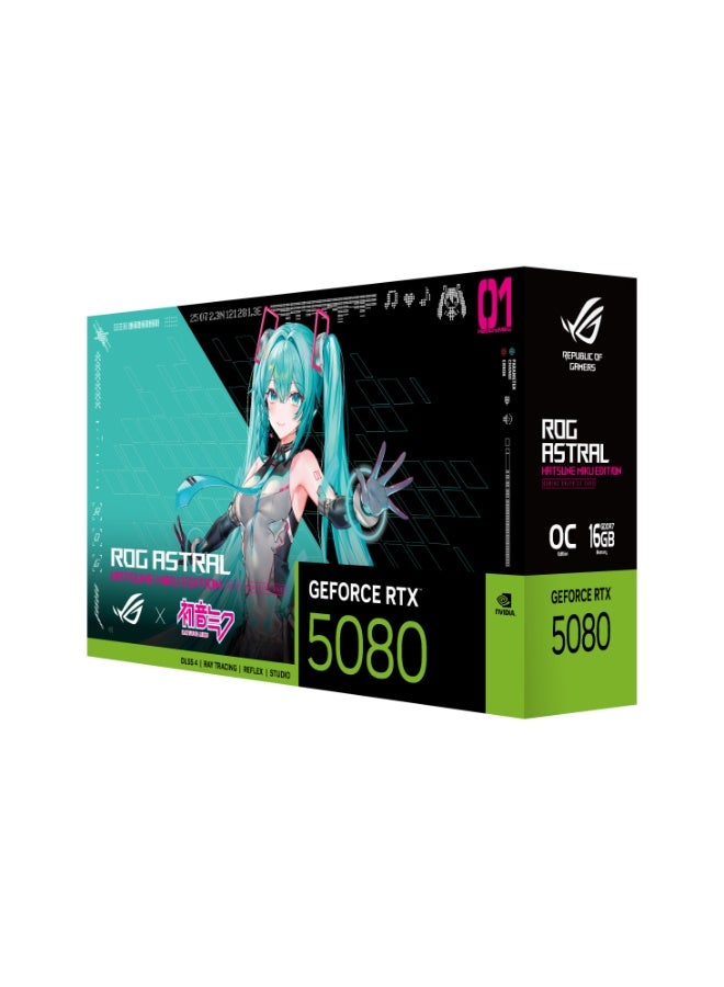 ROG Astral RTX 5080 16GB GDDR7 OC Hatsune Miku Edition PCIe 5.0 Graphics Card – 10,752 CUDA Cores, 2,790MHz Boost, 256-bit, DisplayPort 2.1b & HDMI 2.1b, Quad-Fan Cooling, Dual BIOS, ARGB RGB Lighting | 90YV0LV9-M0NM00 Blue/Black