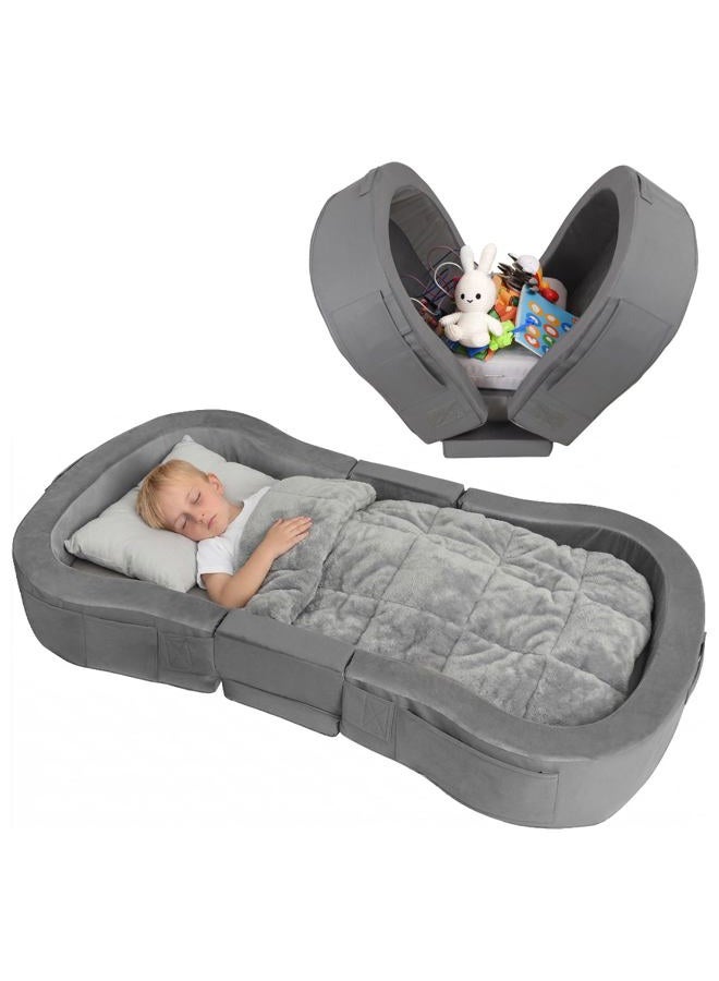 ENITYA Toddler Travel Bed, Foldable Floor Cot with Washable Cover for Travel, Camping, Home, Portable Crib for Kids Aged 18M–5Y, Easy to Use, Kids Cot for Sleeping, Dark Grey - Image 1