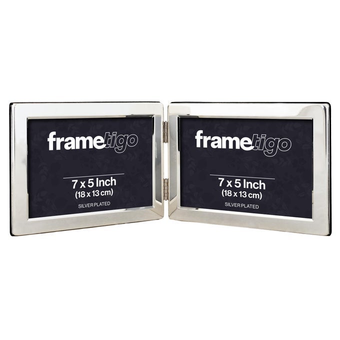 Silver Plated Flat Edge Double Landscape Photo Frame 7x5 18x13cm Photo Size Velvet Frame Backing Stand Real Glass Window Traditional Silver Picture Frames Tarnish Resistant