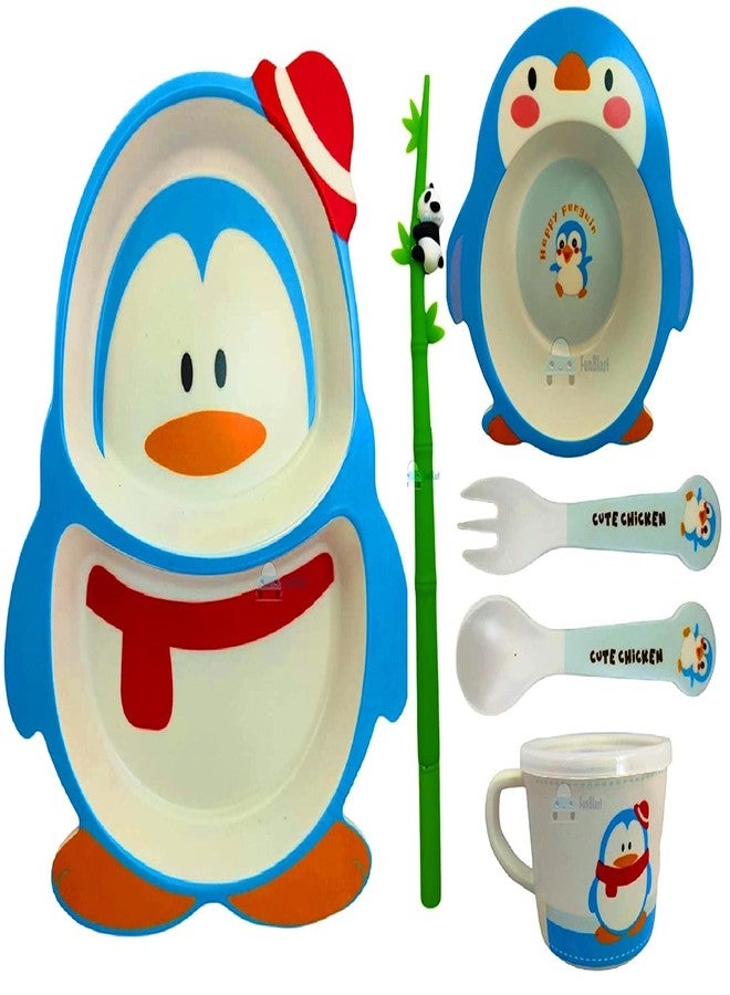 Funeiko Bamboo Fibre Dinner Set for Kids – Bamboo Plates, Bowl & Spoon Tableware, Eco-Friendly Feeding Set for Boys & Girls (Penguin Set) - Image 1