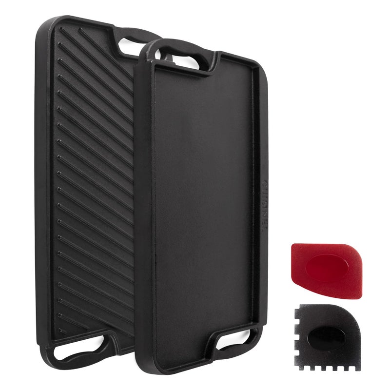 Cuisinel مقلاة كويزينيل من الحديد الزهر مع ملحقات التنظيف 20 × 10 بوصة مع مقبض مزدوج ومقلاة مسطحة وشواية قابلة للعكس مسبقة التتبيل