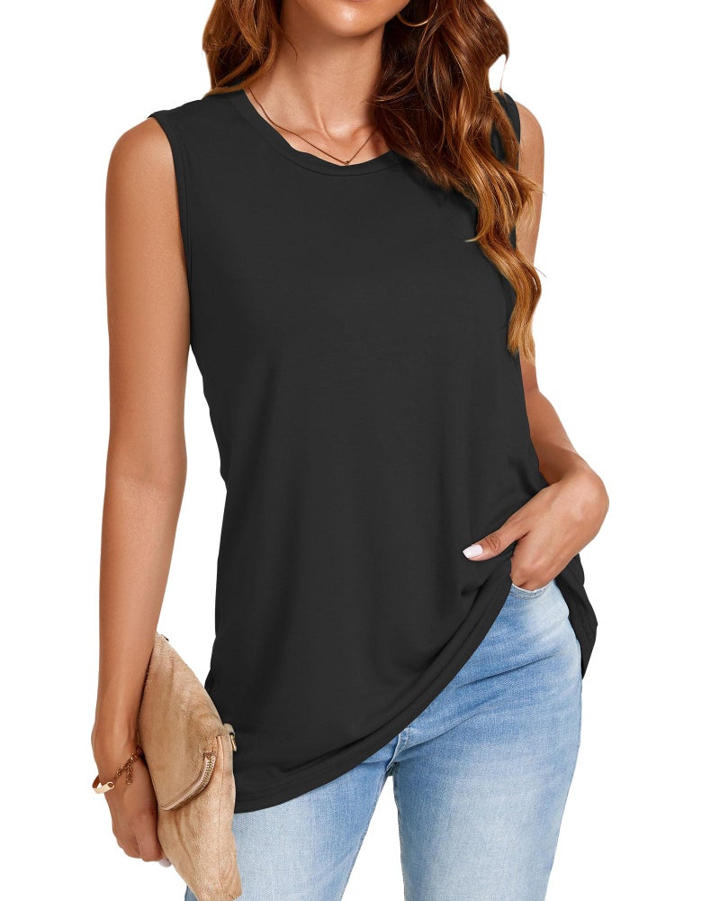 JOELLYUS Tank Top for Women Crew Neck Sleeveless Summer Tops Solid Color Casual Loose Fit Dressy Tshirts(Black, L) - Image 2