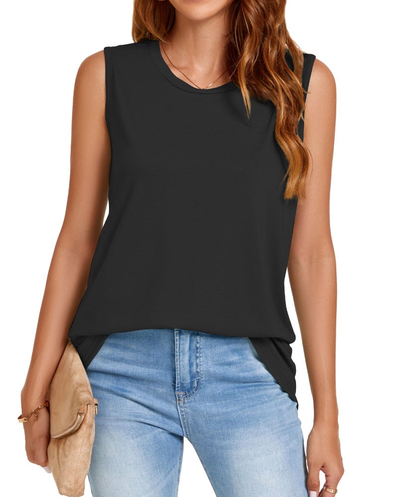 JOELLYUS Tank Top for Women Crew Neck Sleeveless Summer Tops Solid Color Casual Loose Fit Dressy Tshirts(Black, L) - Image 3