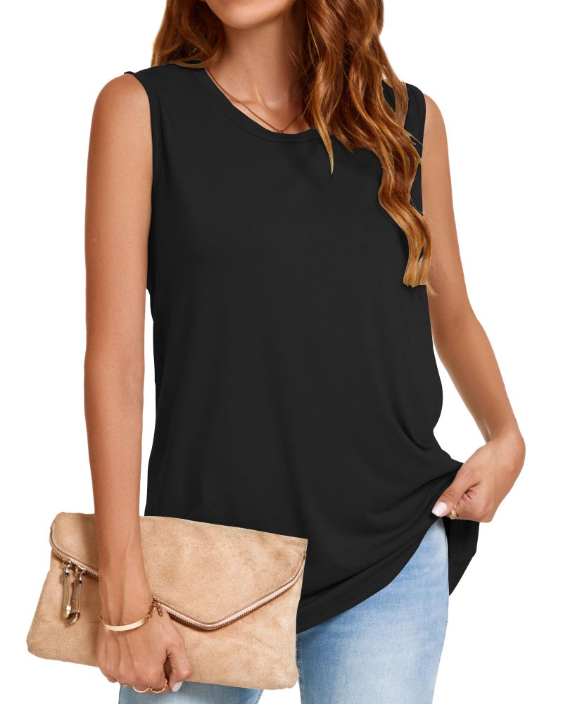 JOELLYUS Tank Top for Women Crew Neck Sleeveless Summer Tops Solid Color Casual Loose Fit Dressy Tshirts(Black, L) - Image 5