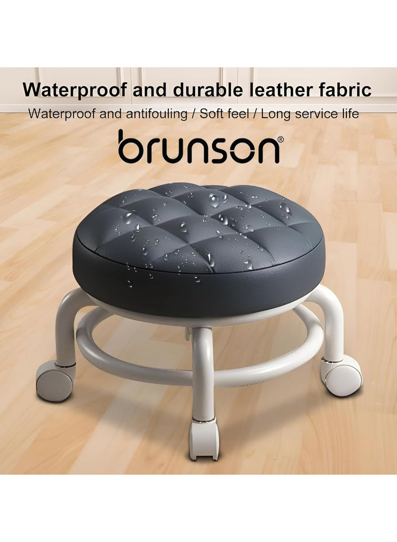 brunson Modern Rotating Backrest Stool with Quiet Wheels Faux Leather Cotton Perfect for Living Room or Entryway Versatile Rolling Low Stool with Backrest Perfect for Beauty Salons Home and Outdoor Use - Image 2