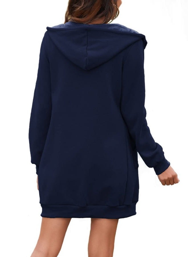 Locryz Women's Casual Zip Up Hoodies Pockets Long Tunic Sweatshirt Fleece Jacket S Dark Blue - Image 2
