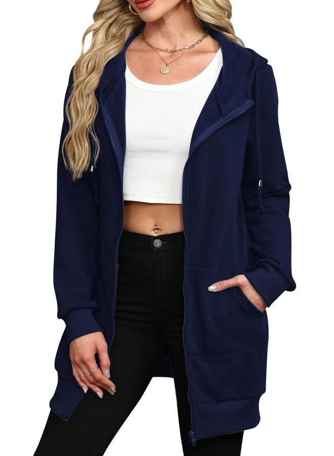 Locryz Women's Casual Zip Up Hoodies Pockets Long Tunic Sweatshirt Fleece Jacket S Dark Blue - Image 1
