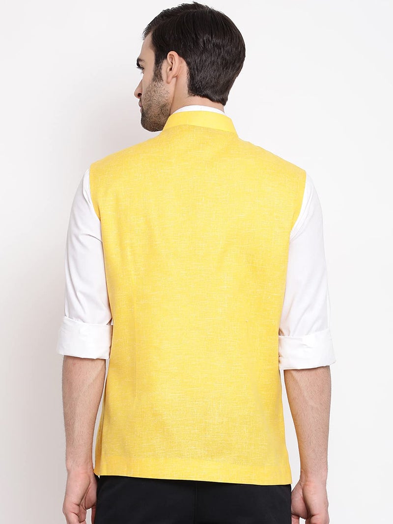 VASTRAMAY Men's Yellow Cotton Blend Nehru Jacket(VASMJ049YW_42- Size:-42) - Image 5