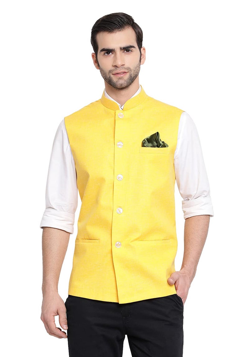 VASTRAMAY Men's Yellow Cotton Blend Nehru Jacket(VASMJ049YW_42- Size:-42) - Image 1