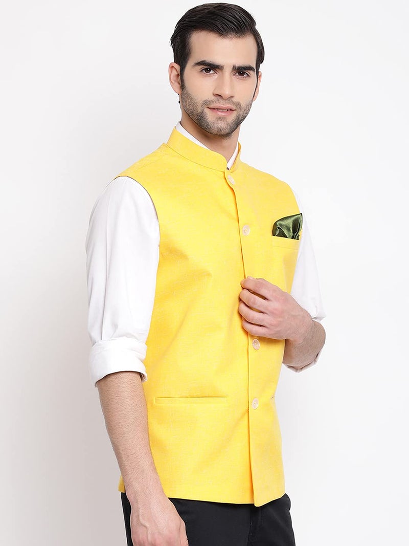 VASTRAMAY Men's Yellow Cotton Blend Nehru Jacket(VASMJ049YW_42- Size:-42) - Image 3
