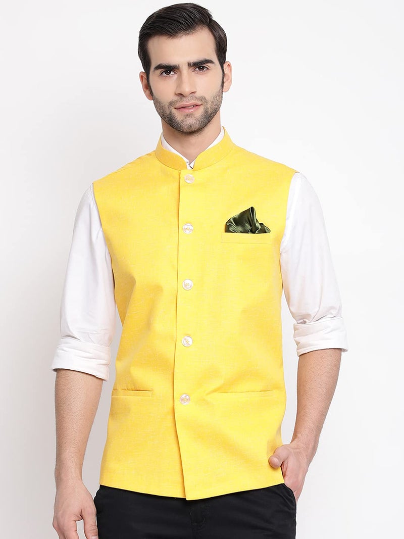 VASTRAMAY Men's Yellow Cotton Blend Nehru Jacket(VASMJ049YW_42- Size:-42) - Image 2