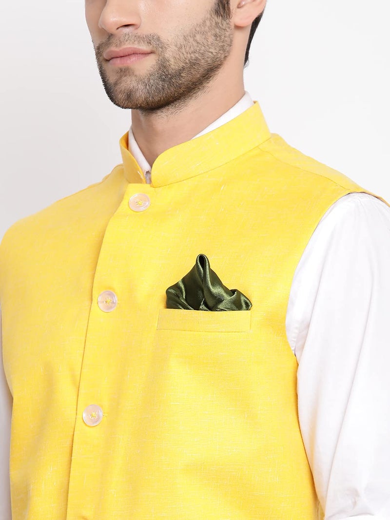 VASTRAMAY Men's Yellow Cotton Blend Nehru Jacket(VASMJ049YW_42- Size:-42) - Image 4