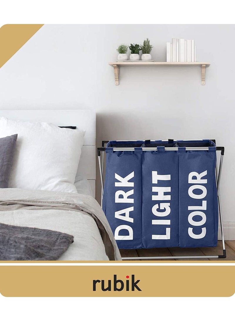 Rubik 3 Section Laundry Basket, Three Compartments Fabric Dirty Cloth Storage Foldable Laundry Hamper With Handles & X shape Aluminum Frame for Bathroom Bedroom Home - Navy Blue - Image 5