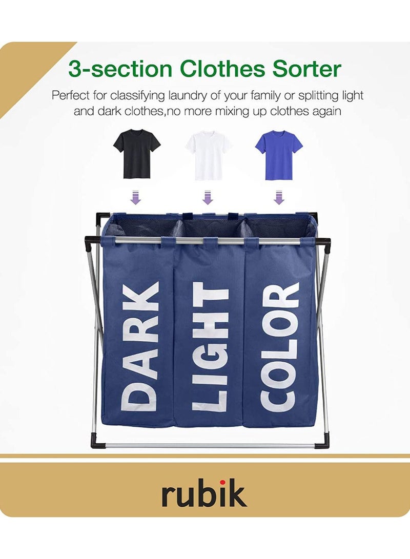Rubik 3 Section Laundry Basket, Three Compartments Fabric Dirty Cloth Storage Foldable Laundry Hamper With Handles & X shape Aluminum Frame for Bathroom Bedroom Home - Navy Blue - Image 3