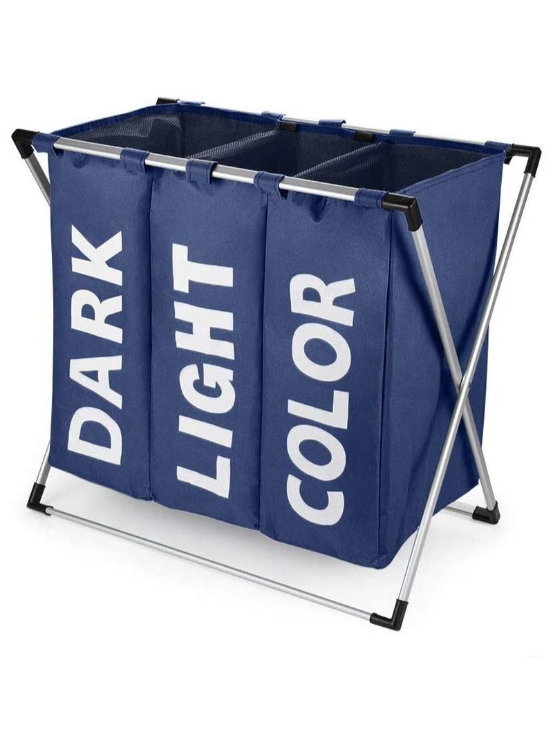 Rubik 3 Section Laundry Basket, Three Compartments Fabric Dirty Cloth Storage Foldable Laundry Hamper With Handles & X shape Aluminum Frame for Bathroom Bedroom Home - Navy Blue - Image 1