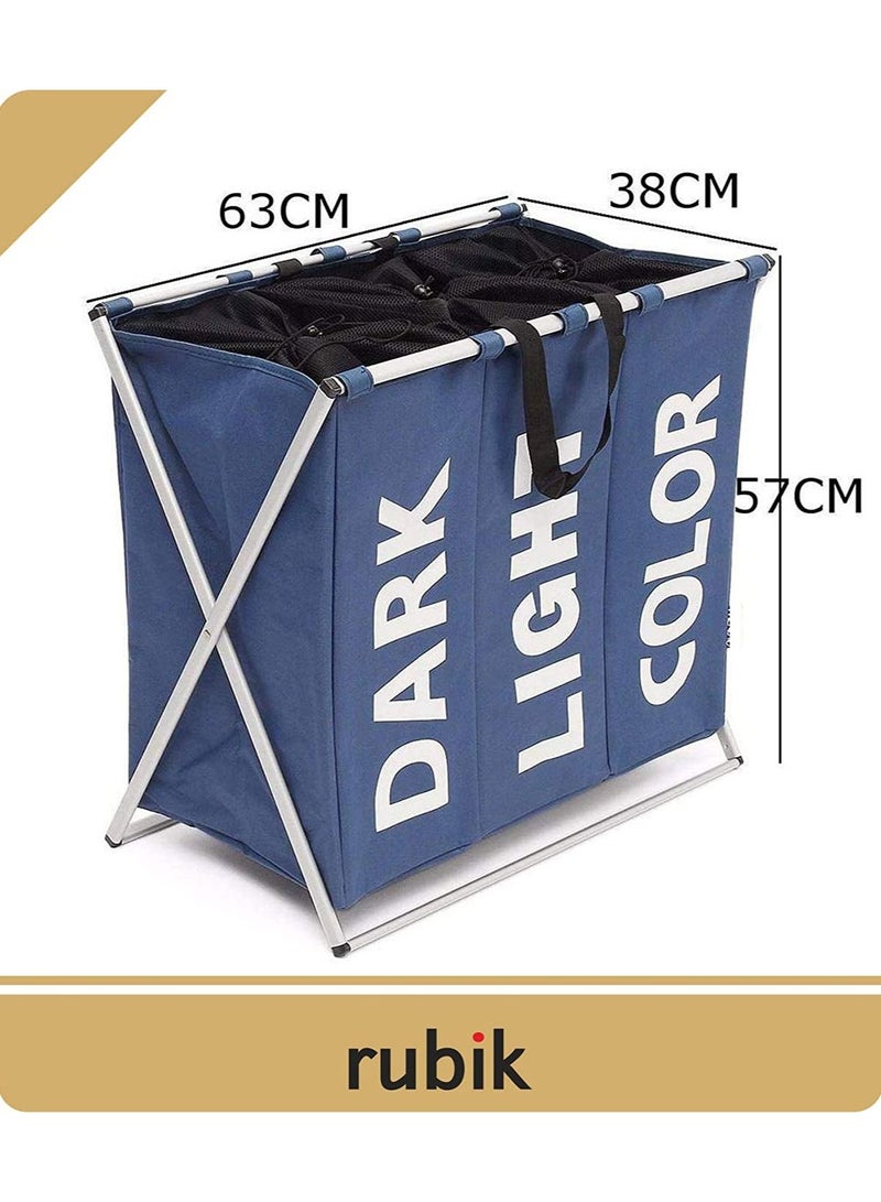 Rubik 3 Section Laundry Basket, Three Compartments Fabric Dirty Cloth Storage Foldable Laundry Hamper With Handles & X shape Aluminum Frame for Bathroom Bedroom Home - Navy Blue - Image 2