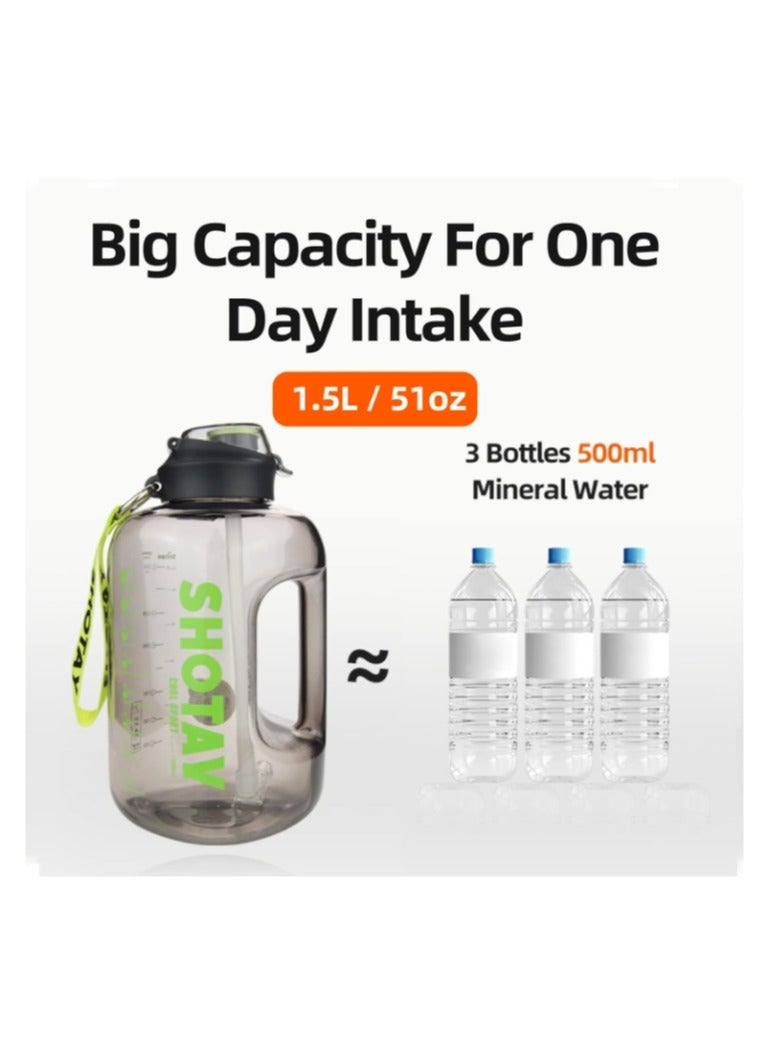 زجاجة مياه رياضية بلاستيك صحي 1500 مل ليتر / 1.5ليتر  مع علامات زمنية، قابلة لإعادة الاستخدام ومضادة للتسرب، مثالية للرجال والنساء لصالة الألعاب الرياضية و كرة القدم و الأنشطة الخارجية، المدرسة، اللياقة البدنية، و للعمل  الحليب والعصير، زجاجة ماء شفافه جيم صحية متعددة الاستخدامات للجيم والمدرسة - زجاجه ماء مضادة للتسرب - ازازة مياه شفافة مع علامات للوقت - زجاجة ماية و عصير ولبن للاطفال و للمدرسة - Image 2