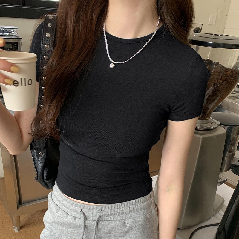 2026 Early Spring In-Stock Gray Short-Sleeve Women'S New Spring-Summer Simple Straight-Shoulder Slim Fashion T-Shirt For Petite Women - Image 1