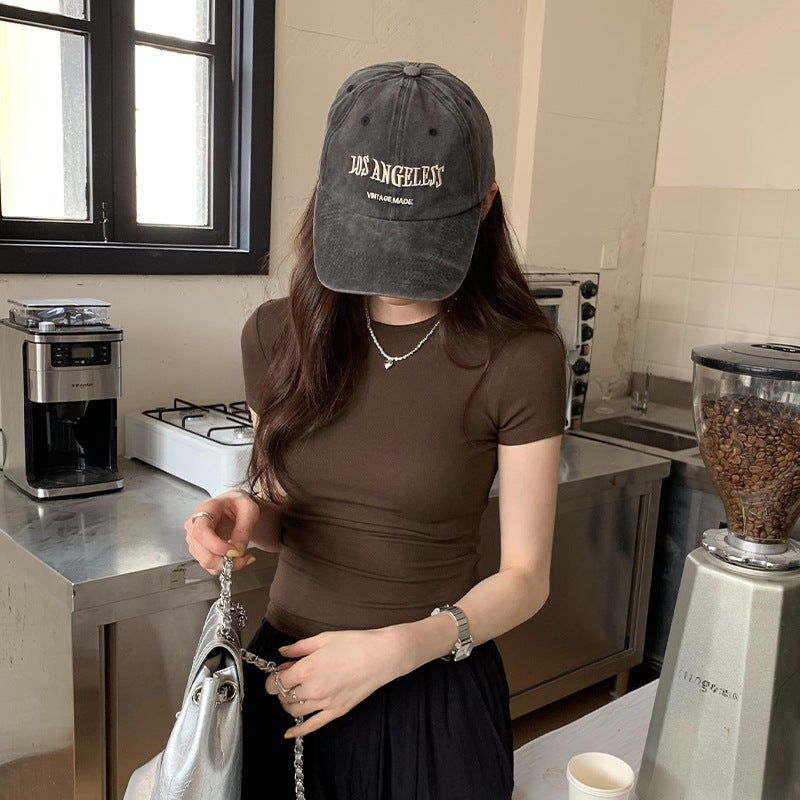 2026 Early Spring In-Stock Gray Short-Sleeve Women'S New Spring-Summer Simple Straight-Shoulder Slim Fashion T-Shirt For Petite Women - Image 5