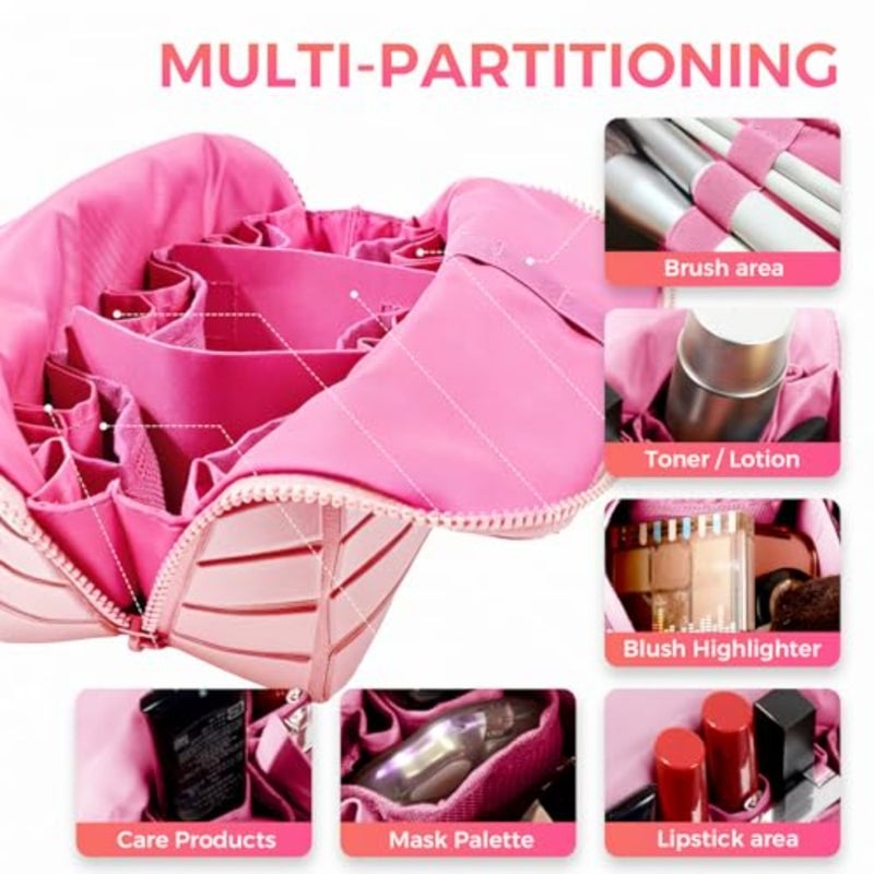 Travel Makeup Organizer Bag with Fold-Down Design and Adjustable Dividers, 27 Pockets and 3 Brush Storage Holders, Large Capacity Cosmetic Bags Toiletry Case - Image 2