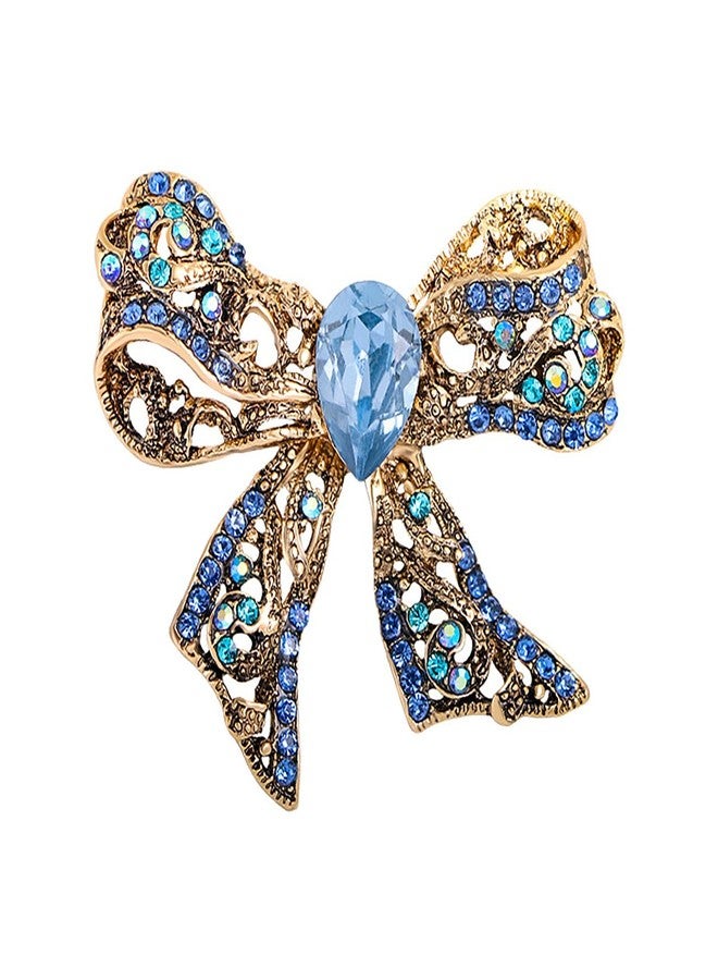 MarveBard Rhinestone Bow Brooch Pin Elegant Crystal Bowknet Brooch Lapel Pin Yellow Blue Pink Rhinestone Crystal Bow Brooch Wedding Birthday Party Christmas Jewelry for Women (Blue) - Image 1