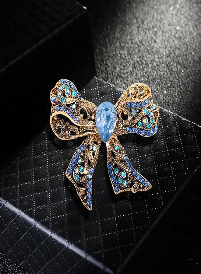 MarveBard Rhinestone Bow Brooch Pin Elegant Crystal Bowknet Brooch Lapel Pin Yellow Blue Pink Rhinestone Crystal Bow Brooch Wedding Birthday Party Christmas Jewelry for Women (Blue) - Image 3