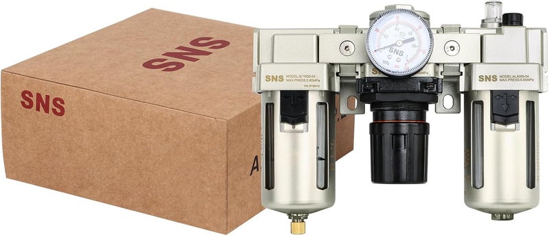 Sns 1/2" NPT Compressed Air Filter Regulator Lubricator Three Unit Combo FRL Water/Oil Trap Separator, Semi-auto Drain, 5 Micron Brass Filter, Gauge and Bracket, Poly Bowl with Metal Guard AC4000-N04A - Image 5