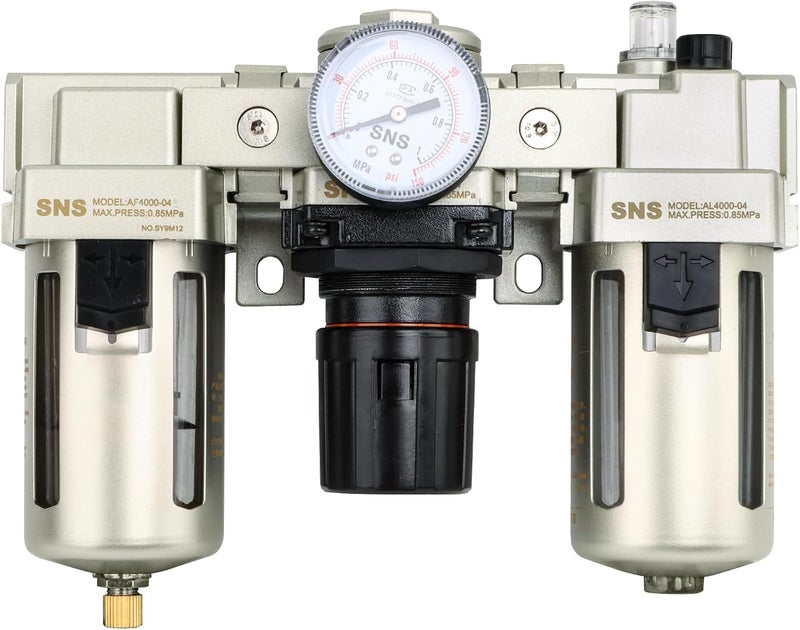 Sns 1/2" NPT Compressed Air Filter Regulator Lubricator Three Unit Combo FRL Water/Oil Trap Separator, Semi-auto Drain, 5 Micron Brass Filter, Gauge and Bracket, Poly Bowl with Metal Guard AC4000-N04A - Image 1