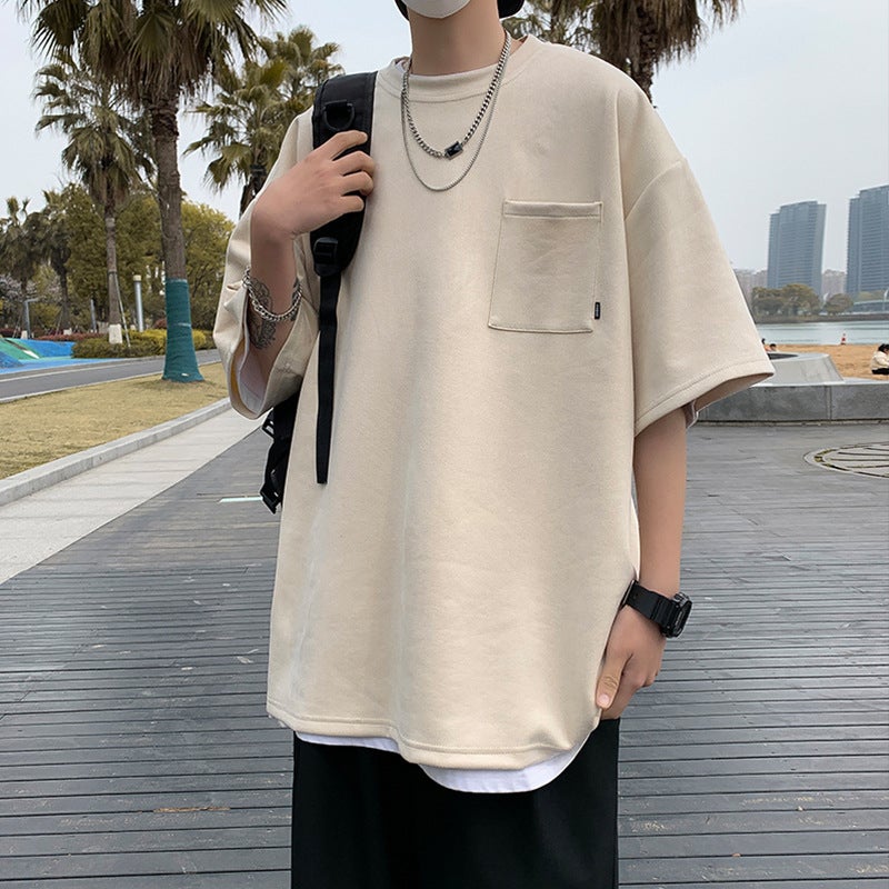 Summer deerskin short-sleeved T-shirt men's round neck solid color all-match fashion brand Japanese sports handsome Korean style loose T-shirt - Image 2