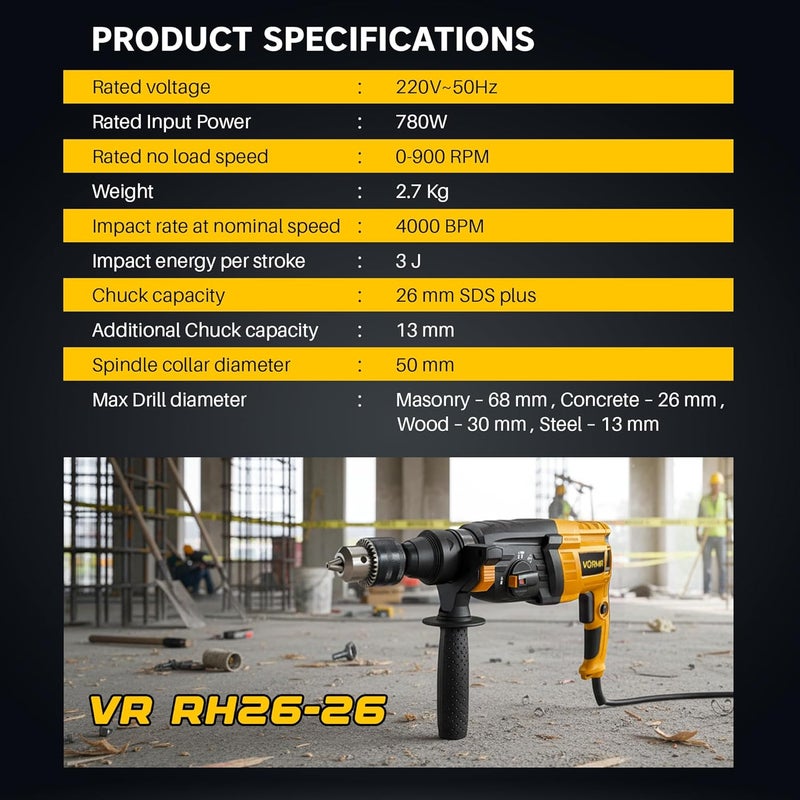 IBELL TOOLS iBELL-VORMIR Rotary Hammer Drill Machine VR26-26, SDS Chuck,780W,900RPM,26MM - Image 4