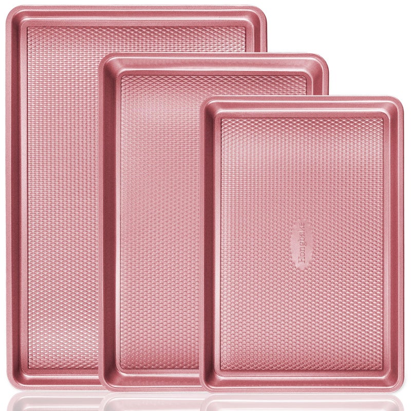 HONGBAKE Baking Sheet Pan Set, Cookie Sheets for Oven, Nonstick Half/Quarter/Jelly Roll Pans with Diamond Texture Pattern, Heavy Duty Cookie Tray, Pink - Image 1