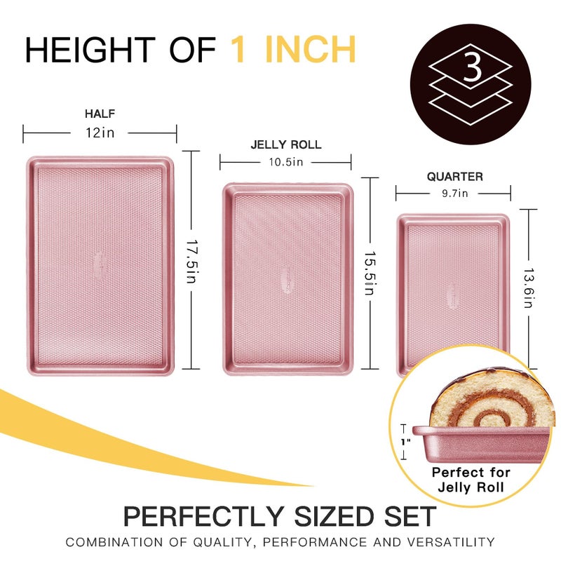HONGBAKE Baking Sheet Pan Set, Cookie Sheets for Oven, Nonstick Half/Quarter/Jelly Roll Pans with Diamond Texture Pattern, Heavy Duty Cookie Tray, Pink - Image 5