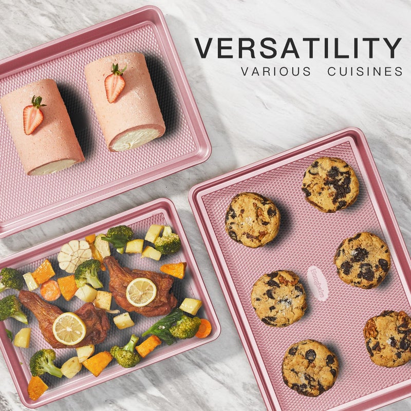 HONGBAKE Baking Sheet Pan Set, Cookie Sheets for Oven, Nonstick Half/Quarter/Jelly Roll Pans with Diamond Texture Pattern, Heavy Duty Cookie Tray, Pink - Image 3