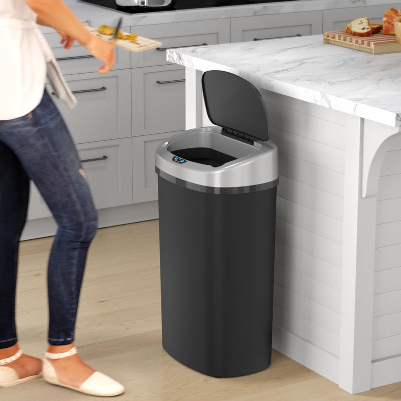 iTouchless 13 Gallon Sensor Kitchen Trash Can with Lid and Odor Filter, Durable Dent-Proof Garbage Bin Automatic Waste Basket Great for Home, Office, Business, Slim Space-Saving, Oval, Black Plastic - Image 3
